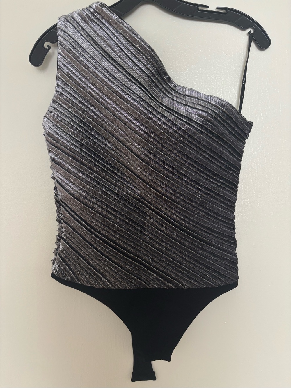 Mugler One-Shoulder Silver Metallic Pleated Bodysuit